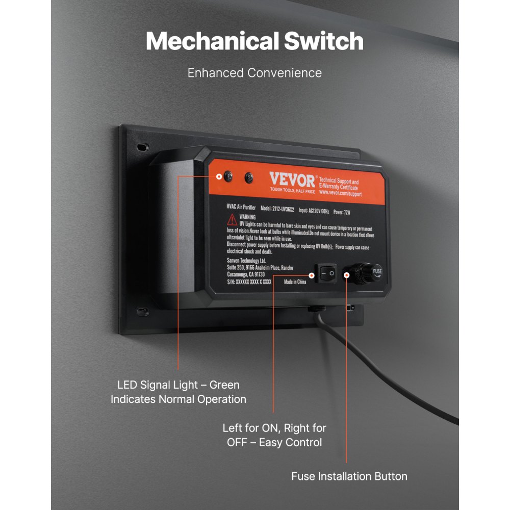 VEVOR HVAC-Luftreiniger für das ganze Haus, 72 W, 258 mm, UV-UVC-Licht im Kanal für Klimaanlagenkanäle, Luftwäscher mit 2 Ersatzbirnen, HVAC-UV-Lampen , Air-Purifier für Klimaanlagen