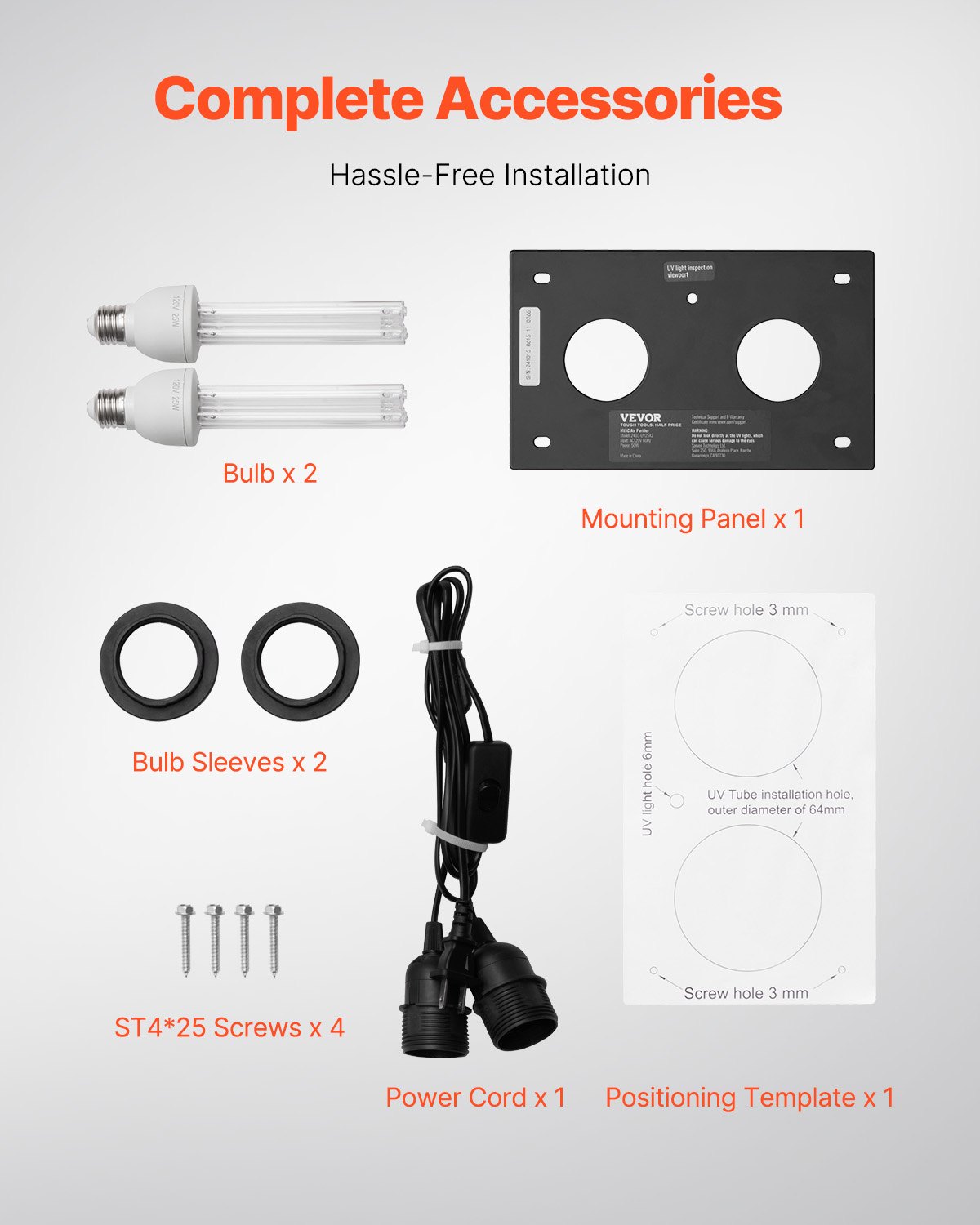 VEVOR HVAC-Luftreiniger für das ganze Haus, 50 W, 254 nm, UV-UVC-Licht im Kanal für Klimaanlagenkanäle, Luftwäscher mit 2 Ersatzbirnen, HVAC-UV-Lampen, Air-Purifier für Klimaanlagen