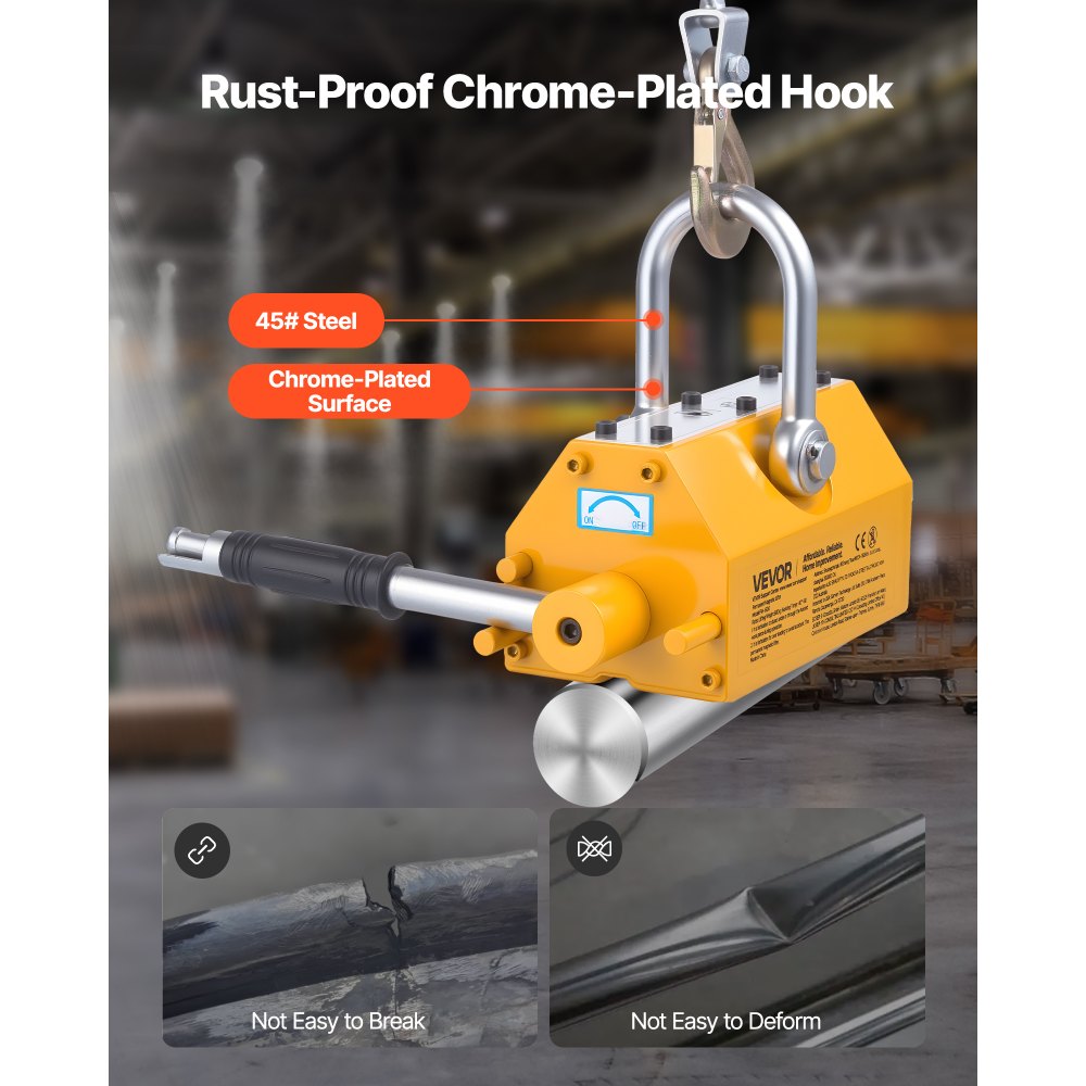 VEVOR Permanent Magnetic Lifter, 600 kg Pulling Capacity, Heavy Duty N42 Neodymium Lifting Magnet with Release Handle and Steel Hook, Used in Shop Crane and Hoist, for Lifting Plate Steel, Board