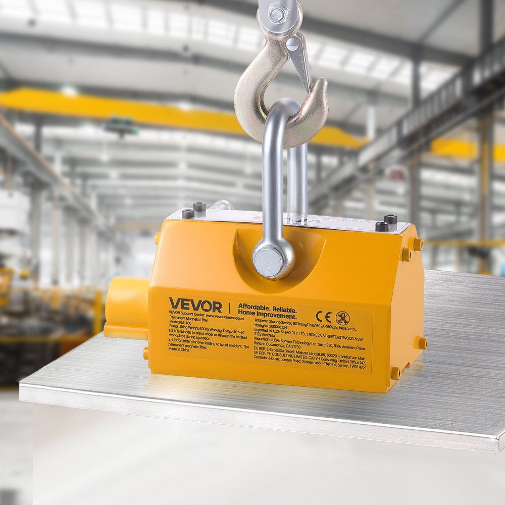 VEVOR Lasthebemagnet Permanentmagnetheber 400 kg Zugkraft Hebemagnet mit Entriegelungsgriff & Stahlhaken, verwendet in Werkstattkränen und Hebezeugen, zum Heben von Stahlplatten, Brettern Gelb