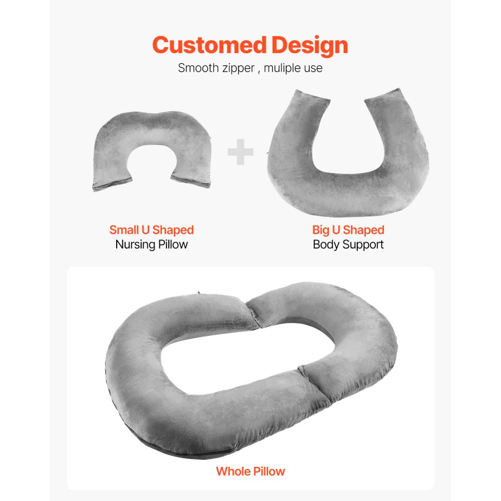 VEVOR Reading Pillow, Large U-Shaped Seat Cushion (1143 x 889 x 178 mm), Washable Bed Pillow with Soft Velvet, Bed Rest Back Pillow Ideal for Reading, Playing, Resting, Working, Gray