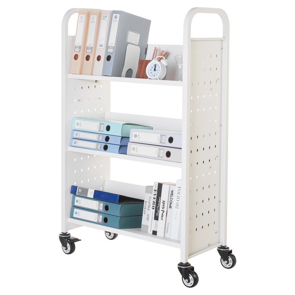 VEVOR Bücherwagen, 150 kg Tragkraft, Bibliothekswagen, 77 x 38 x 122 cm, einseitiges V-förmiges Bücherregal mit Doppelbremsrollen, für Wohnzimmer, Büro, Schule, Weiß