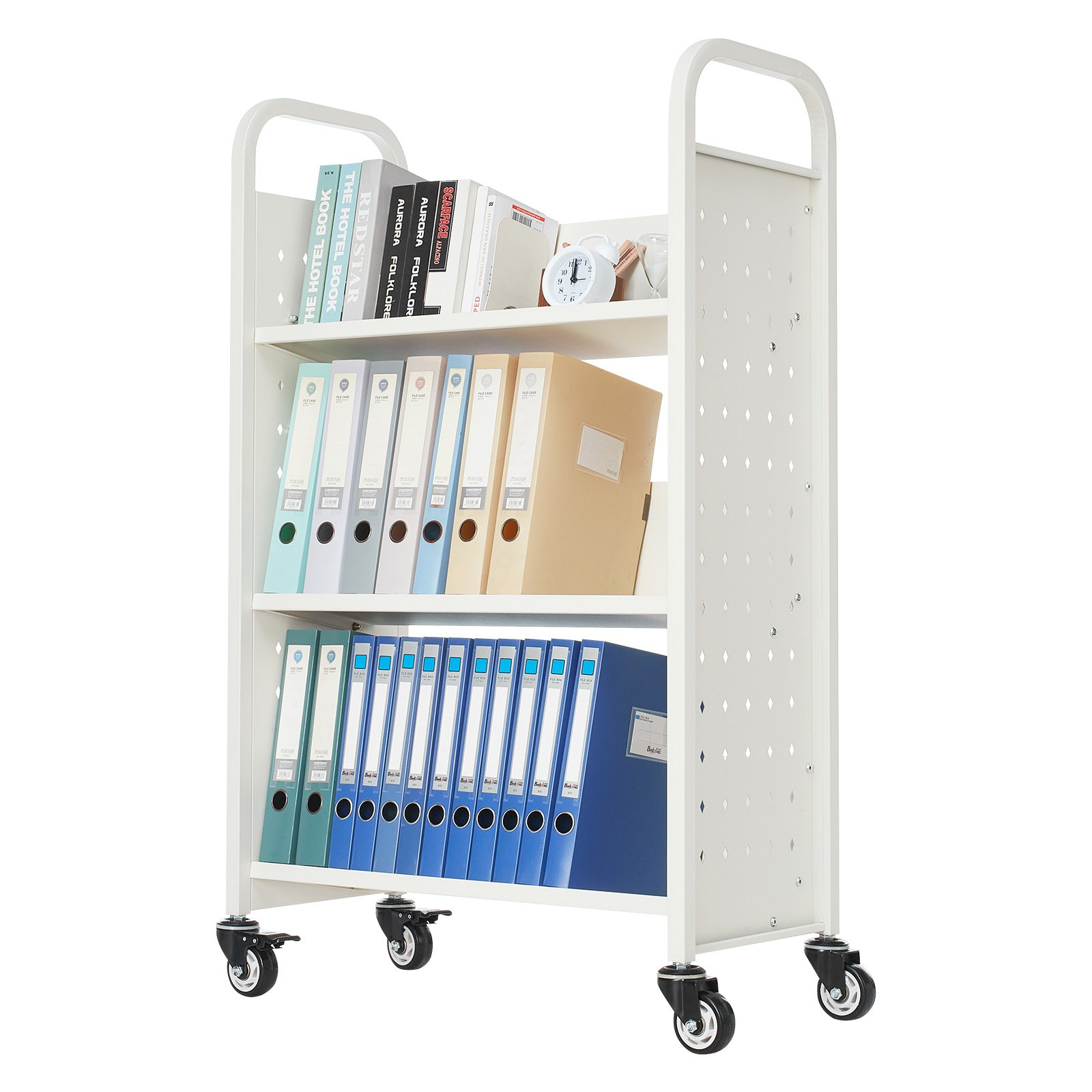 VEVOR Bücherwagen, 150 kg Tragkraft, Bibliothekswagen, 77 x 38 x 122 cm, einseitiges V-förmiges Bücherregal mit Doppelbremsrollen, für Wohnzimmer, Büro, Schule, Weiß