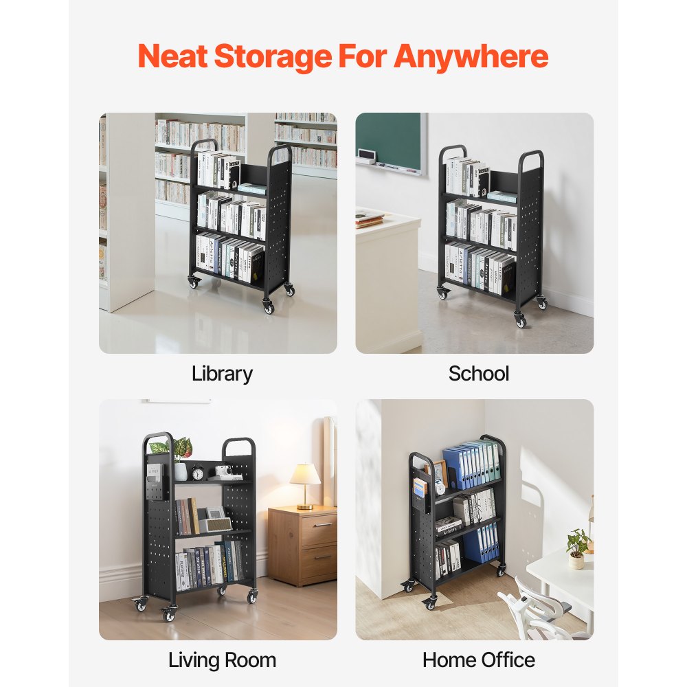 VEVOR Rolling Library Book Cart, 150 kg Capacity, 77 x 38 x 122 cm Library Cart, Single Sided V-Shaped Shelves with 76.2 mm Lockable Wheels, Book Truck for Home Shelves Office and School, Black
