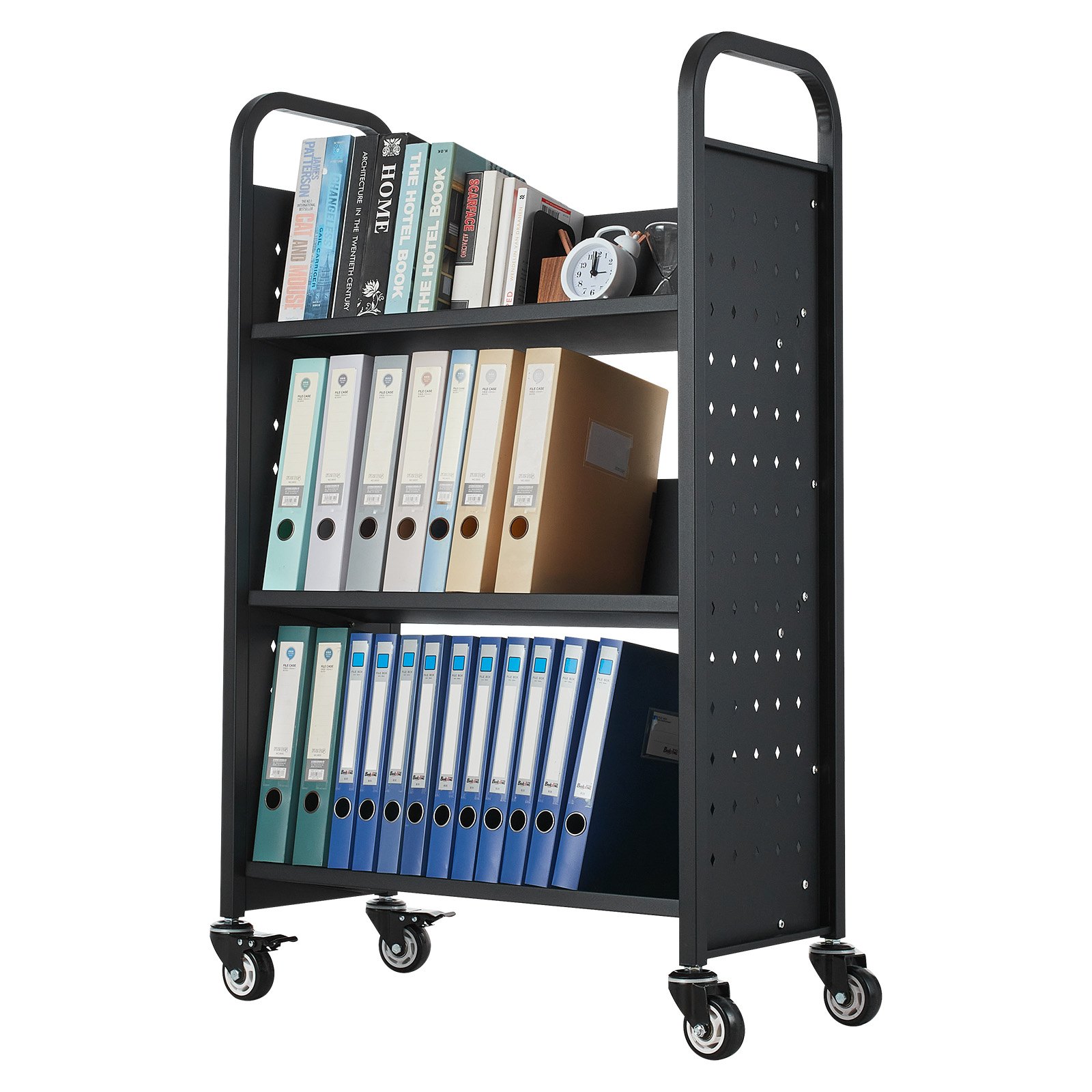 VEVOR Bücherwagen, 150 kg Tragkraft, Bibliothekswagen, 77 x 38 x 122 cm, einseitiges V-förmiges Bücherregal mit Doppelbremsrollen, Bücherregalwagen für Wohnzimmer, Büro, Schule, Schwarz