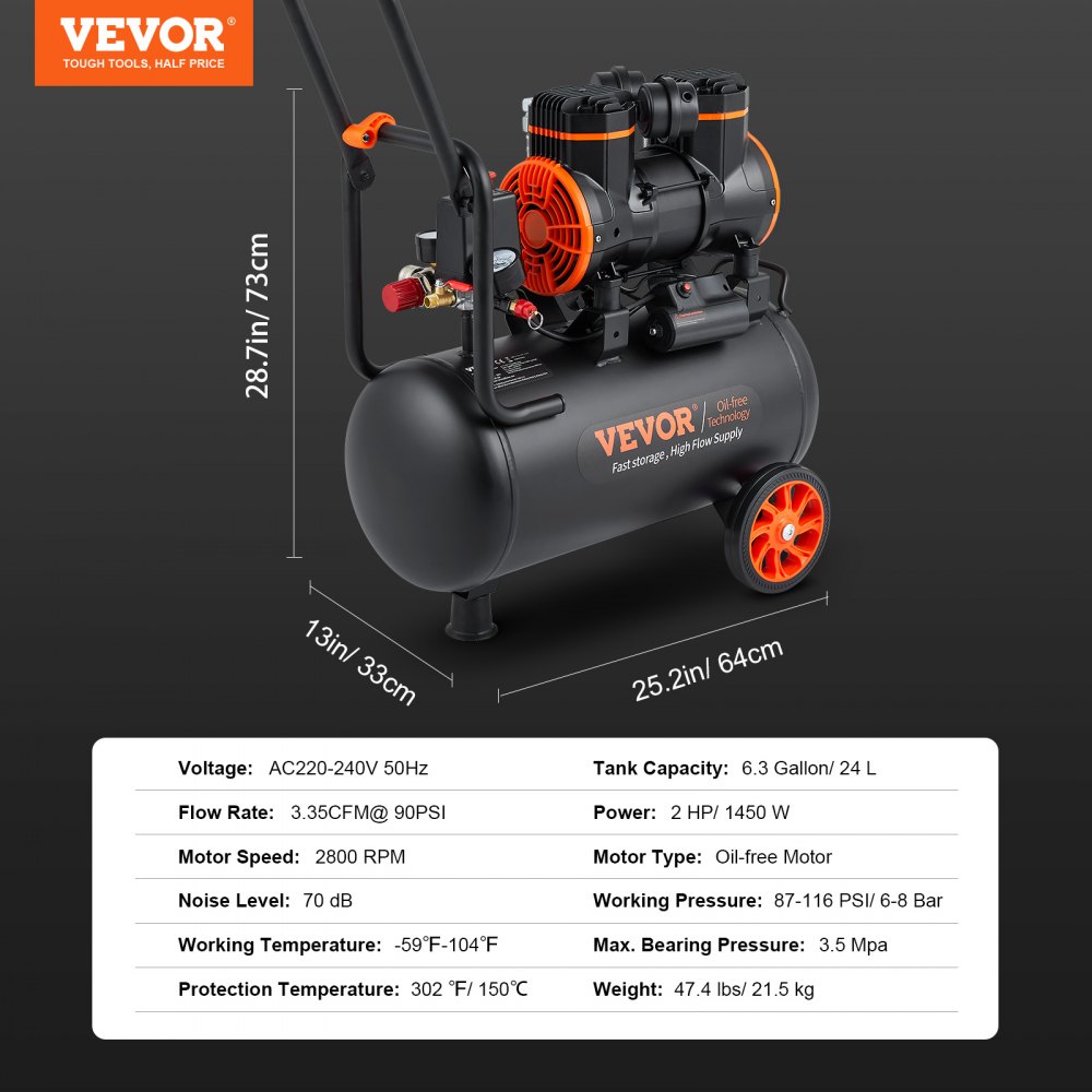 VEVOR Druckluftkompressor 2800U/min Flüsterkompressor 70dB Ölfreier Kompressor mit 2 Rädern 24L Druckbehälter 6-8Bar 1450W (2PS) 3,5 MPa  Autoreparaturen Sprühlackierung Holzarbeiten