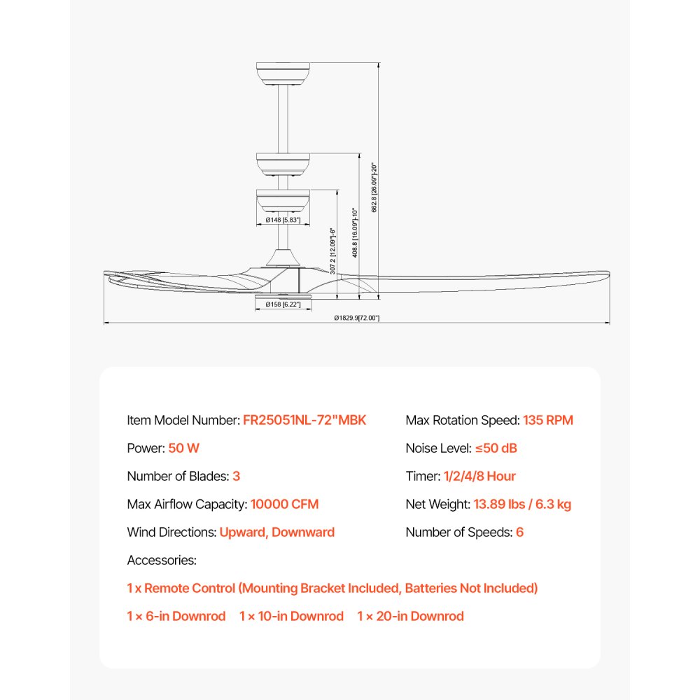VEVOR 180 cm Deckenventilator ohne Beleuchtung, 6-Gang-Fernbedienung, 3 Holzflügel, umkehrbarer Gleichstrommotor, Außenventilator für Schlafzimmer, Wohnzimmer, Terrasse, Innen-/Außenbereich, schwarz