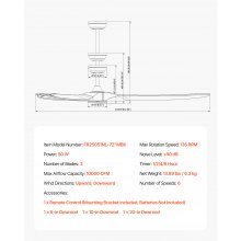 VEVOR 180cm Deckenventilator Holzflügel ohne Beleuchtung Fernbedienung Schwarz