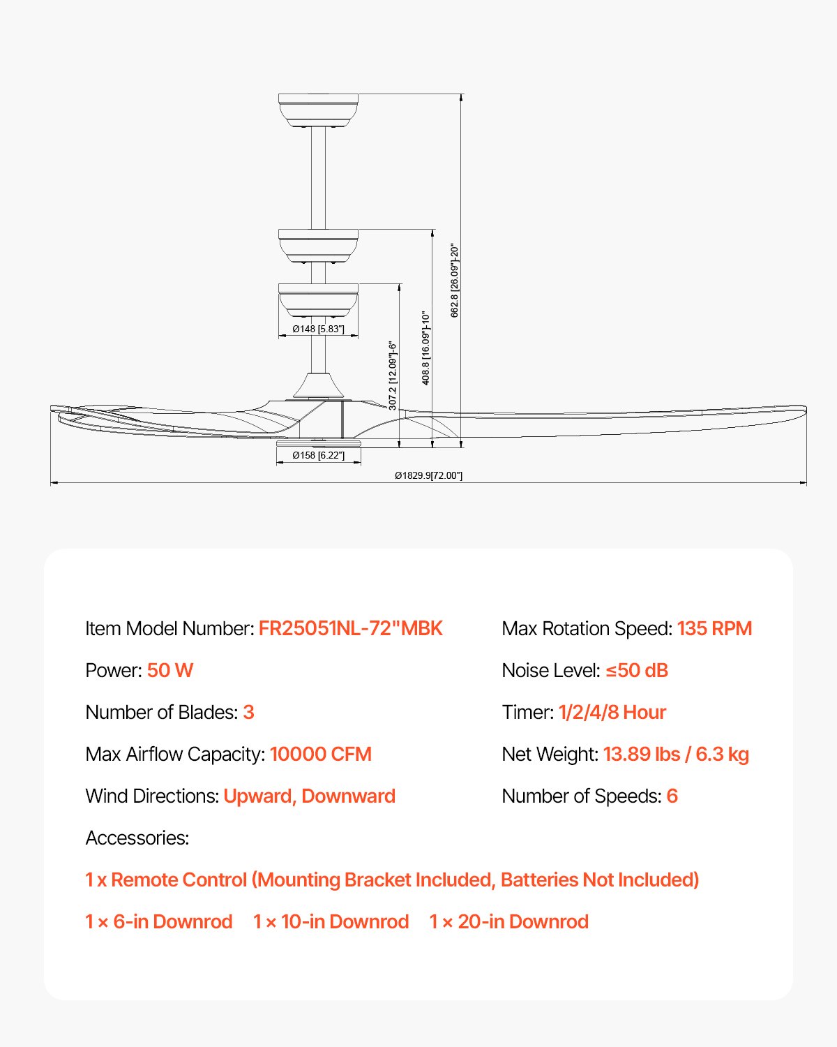 VEVOR 180 cm Deckenventilator ohne Beleuchtung, 6-Gang-Fernbedienung, 3 Holzflügel, umkehrbarer Gleichstrommotor, Außenventilator für Schlafzimmer, Wohnzimmer, Terrasse, Innen-/Außenbereich, schwarz