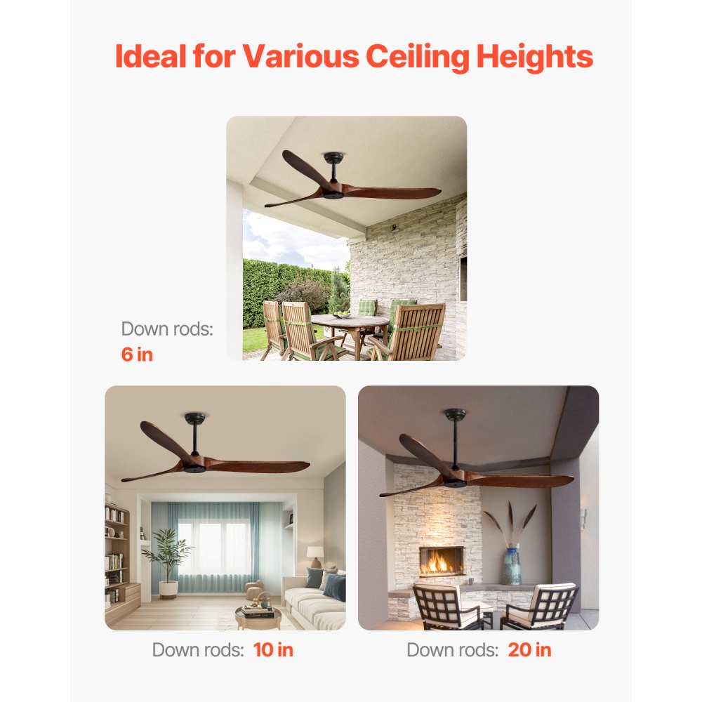 VEVOR 180 cm Ceiling Fan without Light, 6-Speed Remote Control, 3 Wooden Blades, Reversible DC Motor, Outdoor Fan for Bedroom, Living Room, Terrace, Indoor/Outdoor Use, Walnut