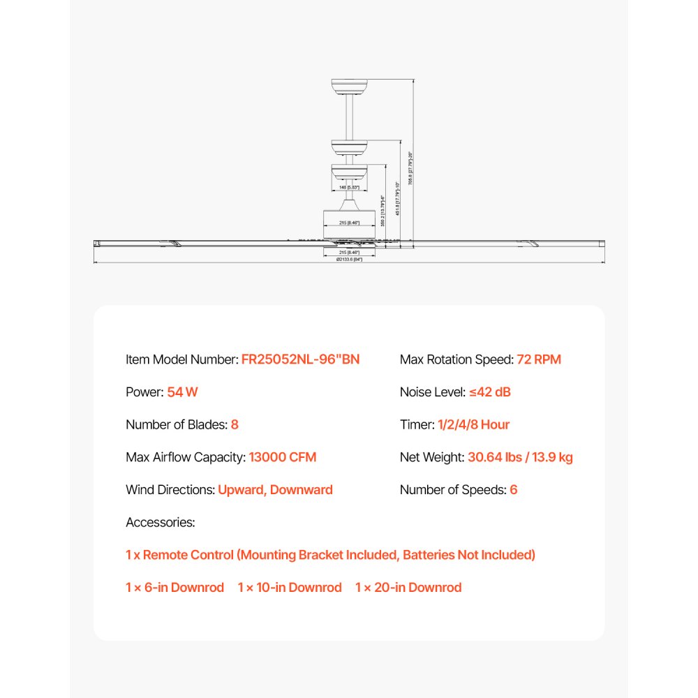 VEVOR 244 cm Deckenventilator ohne Beleuchtung, 6-Gang-Fernbedienung, 8 Flügel aus Alu, Gleichstrommotor, Ventilator für Schlafzimmer, Wohnzimmer, Terrasse, Innen-/Außenbereich, gebürstetes Nickel