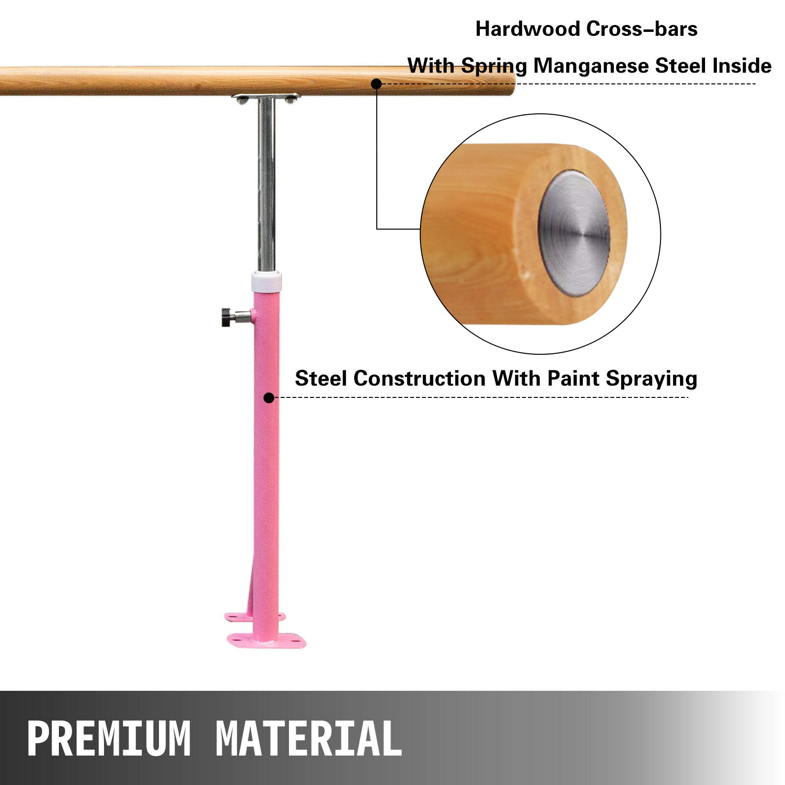 VEVOR 3 M Ballettstange Freistehend Bodenstehend Bodenmontage Stretchleiter Einzelstange Ballettstange Höhenverstellbar Stabil Zuhause Tanz Training(3M, Pink)