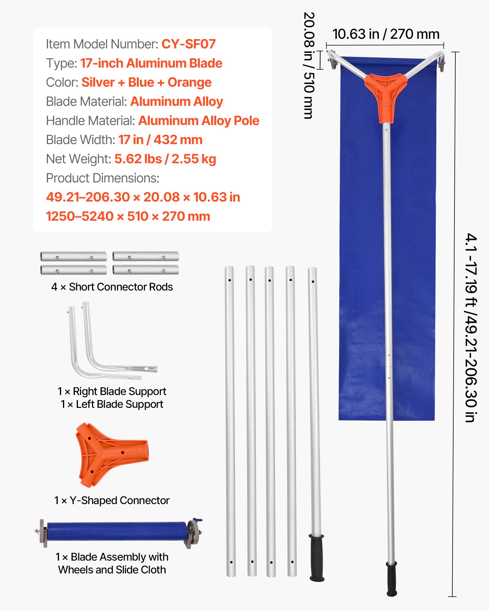 VEVOR Schnee Dachrechen, 432 mm Aluminiumklinge, 125-542cm verstellbarer Schneeschieber mit Rädern & Gleitschiene, Schneeräumwerkzeug zum Entfernen von Laub & Schnee auf Hausdächern