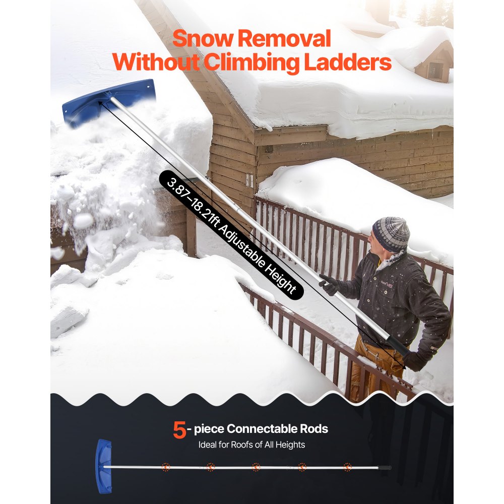 VEVOR Snow Roof Rake, 60cm PP Plastic Blade, 1.18-5.55 m Adjustable Roof Snow Scraper with Wheels, Anti-Slip Handle Snows Removal Tool, Lightweight House Rooftop Rake for Leaves Debris Removal