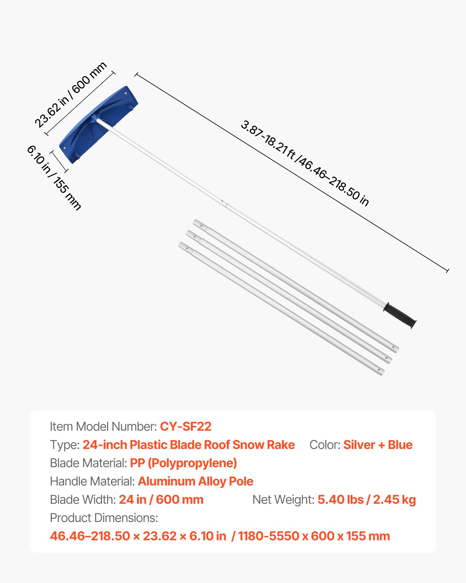 VEVOR Snow Roof Rake, 60cm PP Plastic Blade, 1.18-5.55 m Adjustable Roof Snow Scraper with Wheels, Anti-Slip Handle Snows Removal Tool, Lightweight House Rooftop Rake for Leaves Debris Removal