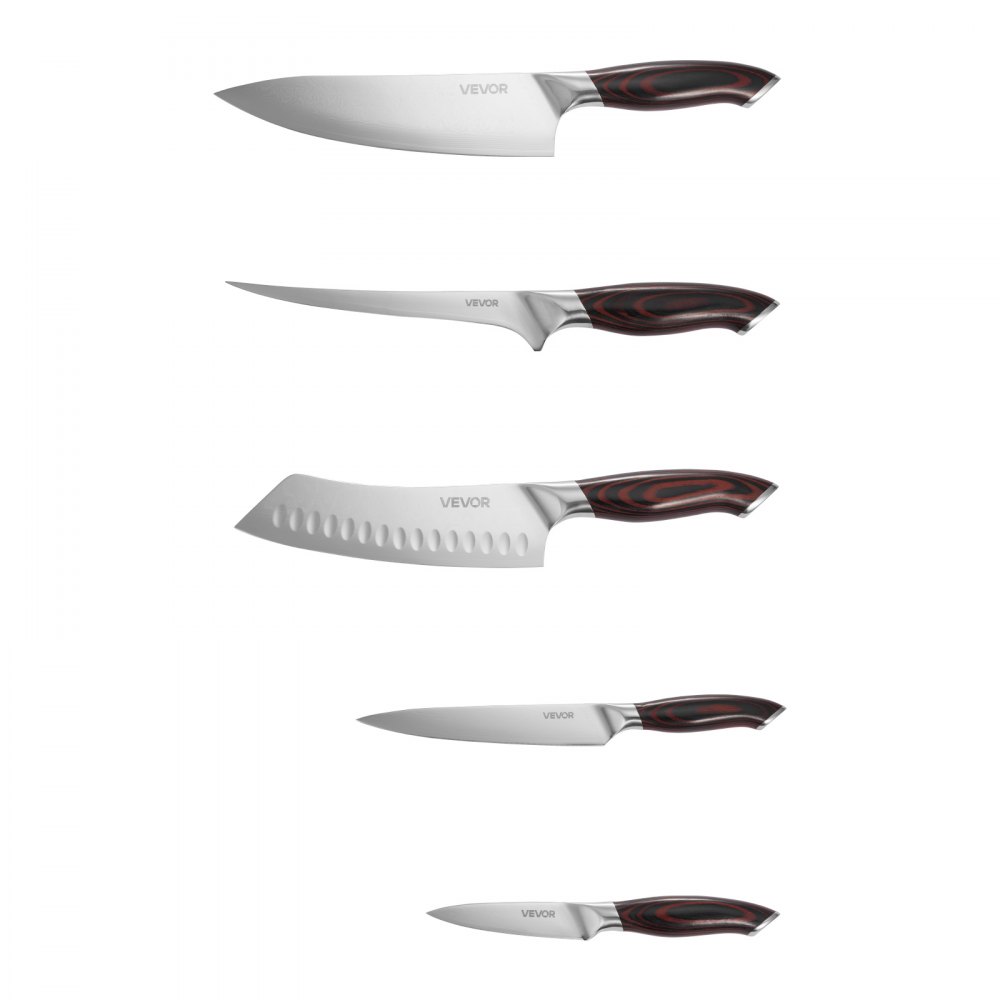 VEVOR Küchenmesserset 5-tlg. Set, Messer aus hochkohlenstoffhaltigem Edelstahl, langlebig & rostbeständig, Küchenbesteck mit ergonomischem & bruchfestem Griff für präzises Schneiden