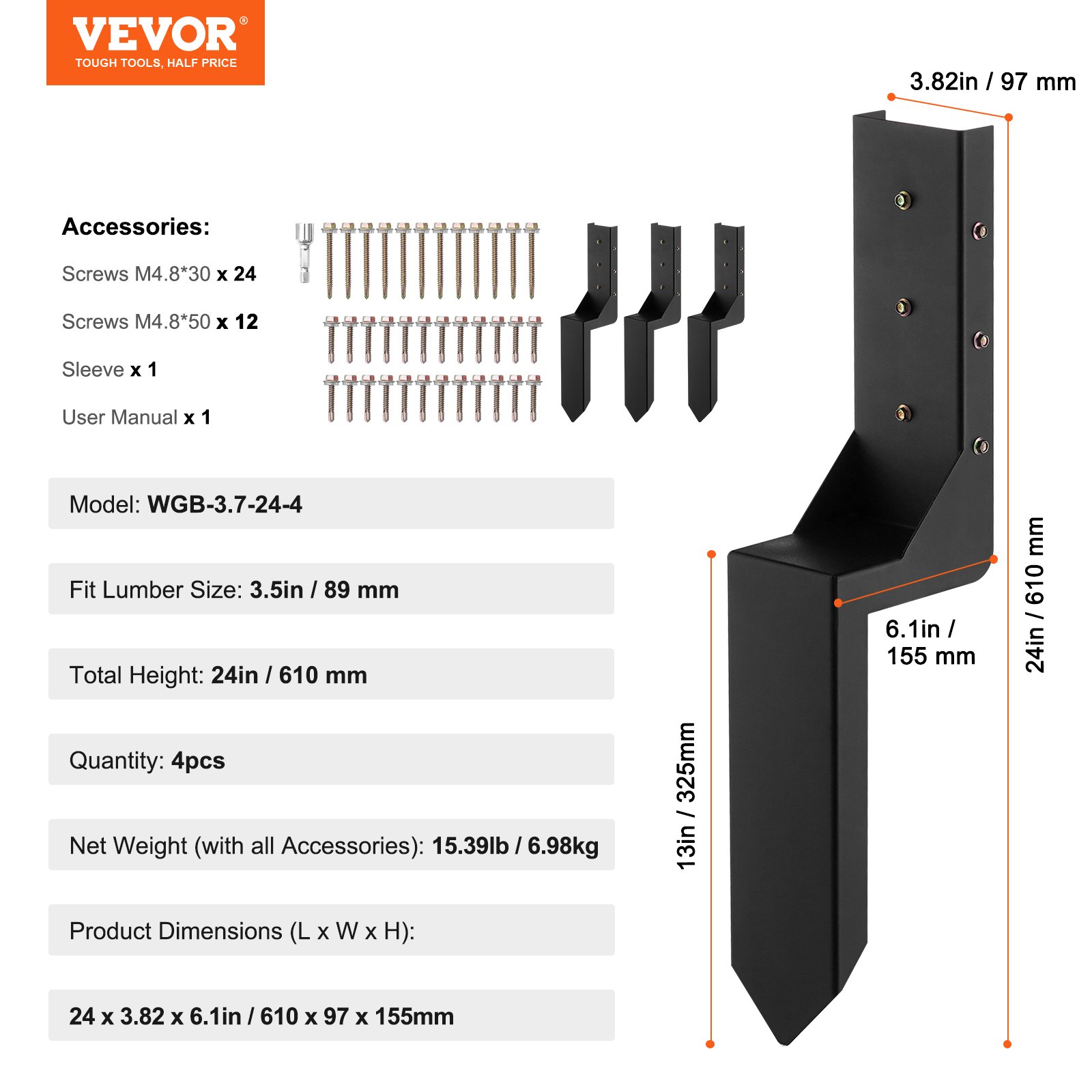 VEVOR Reparaturset für Zaunpfostenanker 4er-Pack Innendurchmesser 8,9 x 8,9 cm Stützpfosten aus Stahl für Zaunpfosten Anker-Erdspieß zur Reparatur von geneigten gebrochenen Holzzaunpfosten Umhüllung
