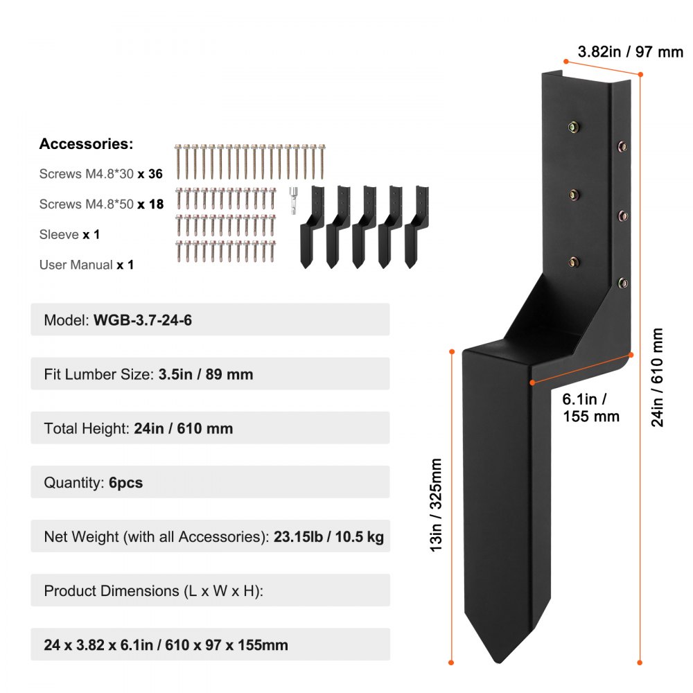 VEVOR Reparaturset für Zaunpfostenanker 6er-Pack Innendurchmesser 8,9 x 8,9 cm Stützpfosten aus Stahl für Zaunpfosten Anker-Erdspieß zur Reparatur von geneigten gebrochenen Holzzaunpfosten Umhüllung