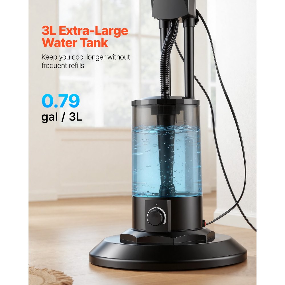 VEVOR Standventilator mit Sprühnebel, 75 W Ventilator mit 3 L Wassertank, 3 Windstufen, Timer & Fernbedienung, Luftbefeuchter mit Sprühsystem für Innen & Außen Garage, Terrasse, Wohnzimmer, 3 Modi