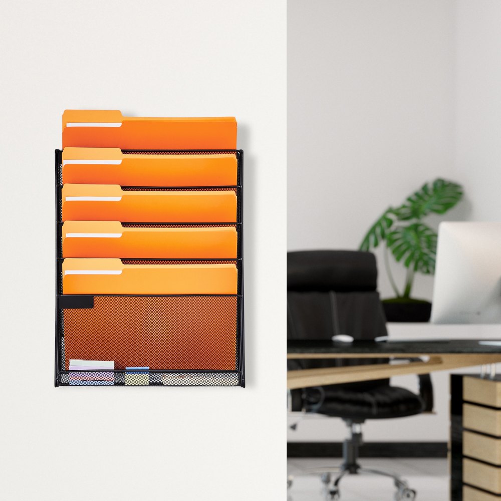VEVOR Wand Zeitungshalter Wandaktenhalter mit 6 Fächern, Aufbewahrungsordner für Zeitschriften Post Papier Dokumente, Wand Magazinhalter Organizer Prospekthalter Aktenablage für Büro Schule (Schwarz)