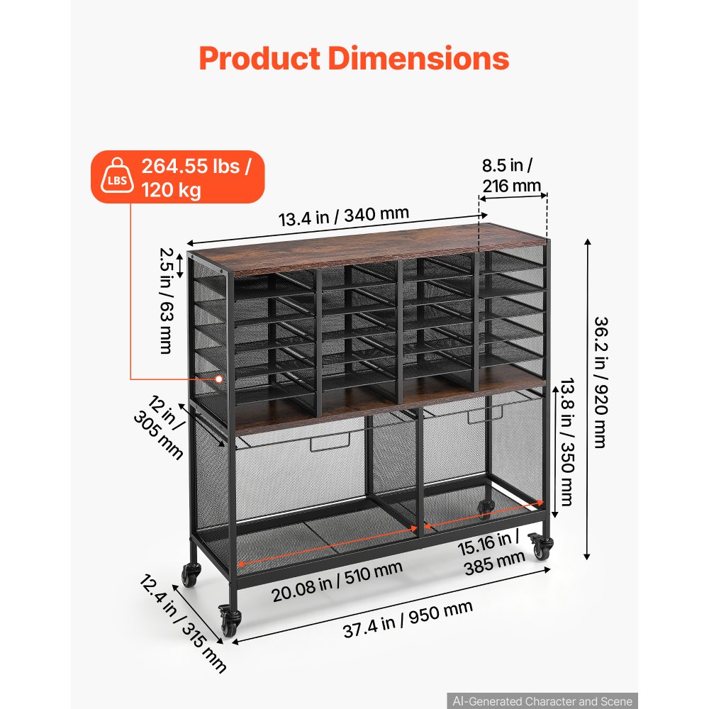 VEVOR Rollbarer Aktenwagen mit 24 Fächern Büro Rollcontainer 315x950x920 mm, Hängeregistratur-Organizer für Ordner Bücher Dokumente Büromaterialien, Traglast 120 kg, mit Feststellbare Rollen, Schwarz