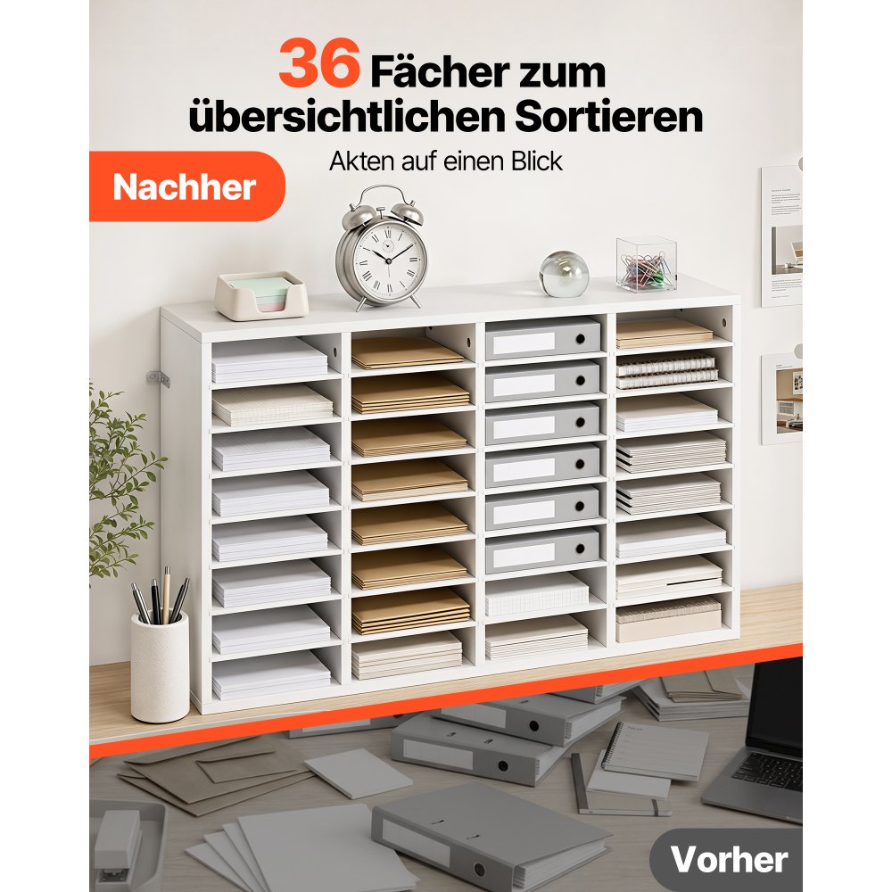 VEVOR Briefablage mit 36 Ablagefächern & Herausnehmbaren Regalböden, Dokumentenablage aus Holz, Aktenhalter für Büro, Zuhause oder Klassenzimmer, Literaturorganizer für Akten Dokumenten Papier, Weiß