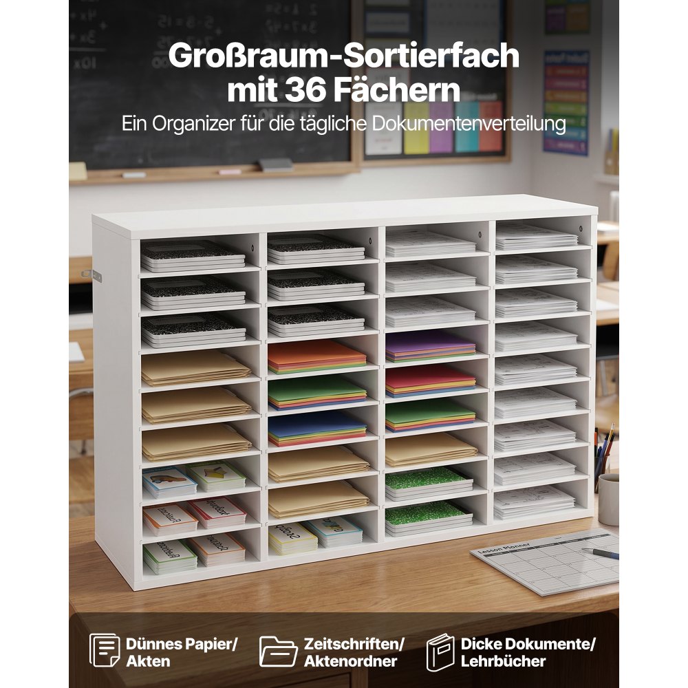 VEVOR Briefablage mit 36 Ablagefächern & Herausnehmbaren Regalböden, Dokumentenablage aus Holz, Aktenhalter für Büro, Zuhause oder Klassenzimmer, Literaturorganizer für Akten Dokumenten Papier, Weiß