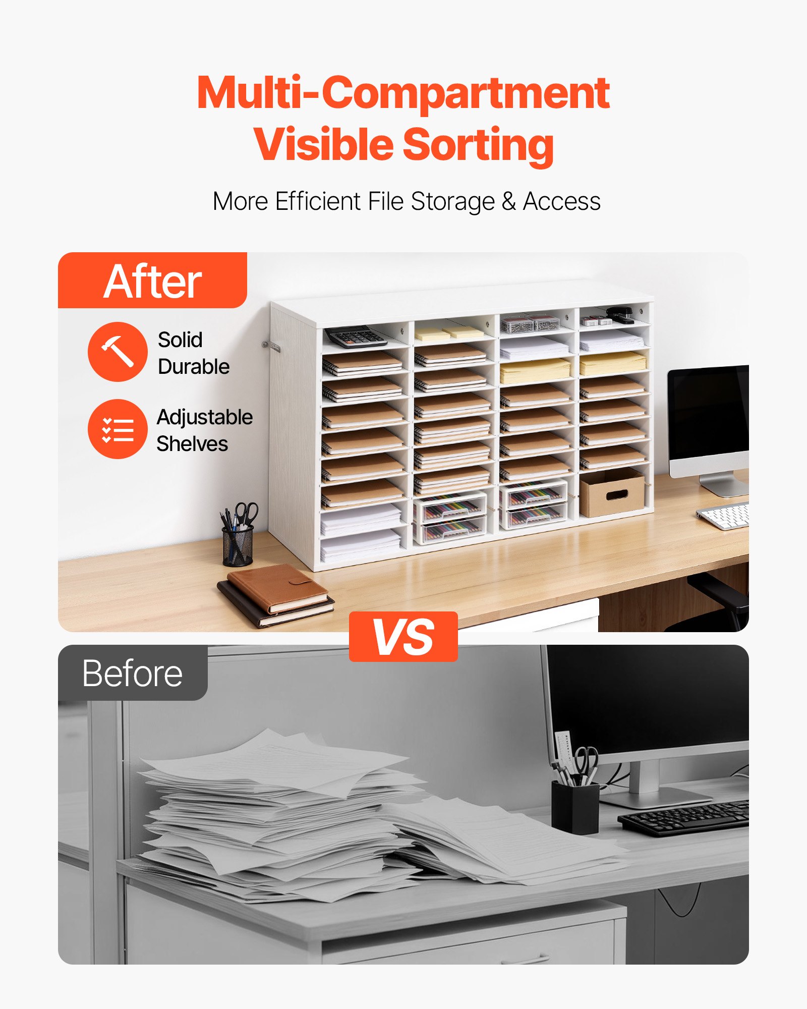 VEVOR Briefablage mit 36 Ablagefächern & Herausnehmbaren Regalböden, Dokumentenablage aus Holz, Aktenhalter für Büro, Zuhause oder Klassenzimmer, Literaturorganizer für Akten Dokumenten Papier, Weiß