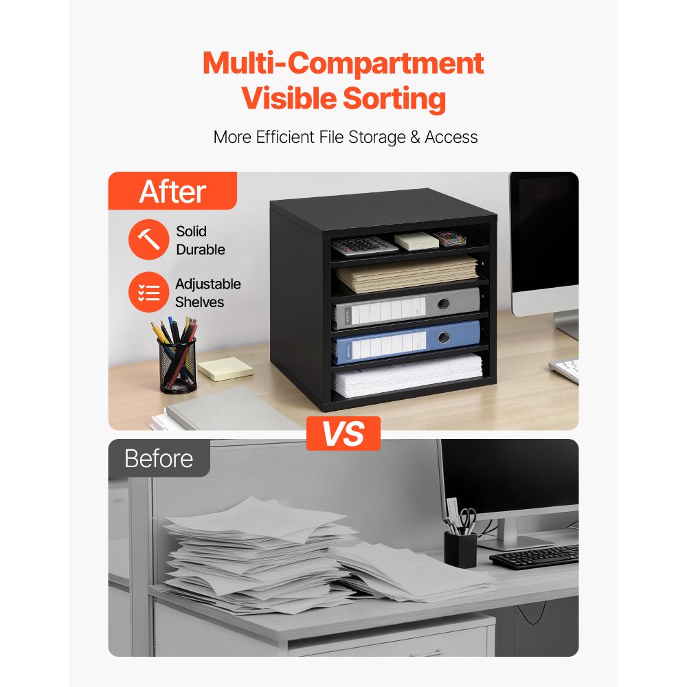 VEVOR Literature Organizer, 5 Compartments Office Mailbox with Adjustable Shelves, Wooden Mailbox Sorter with MDF, Countertop Office Home Classroom Storage Organizer for File, Document, Paper, Black