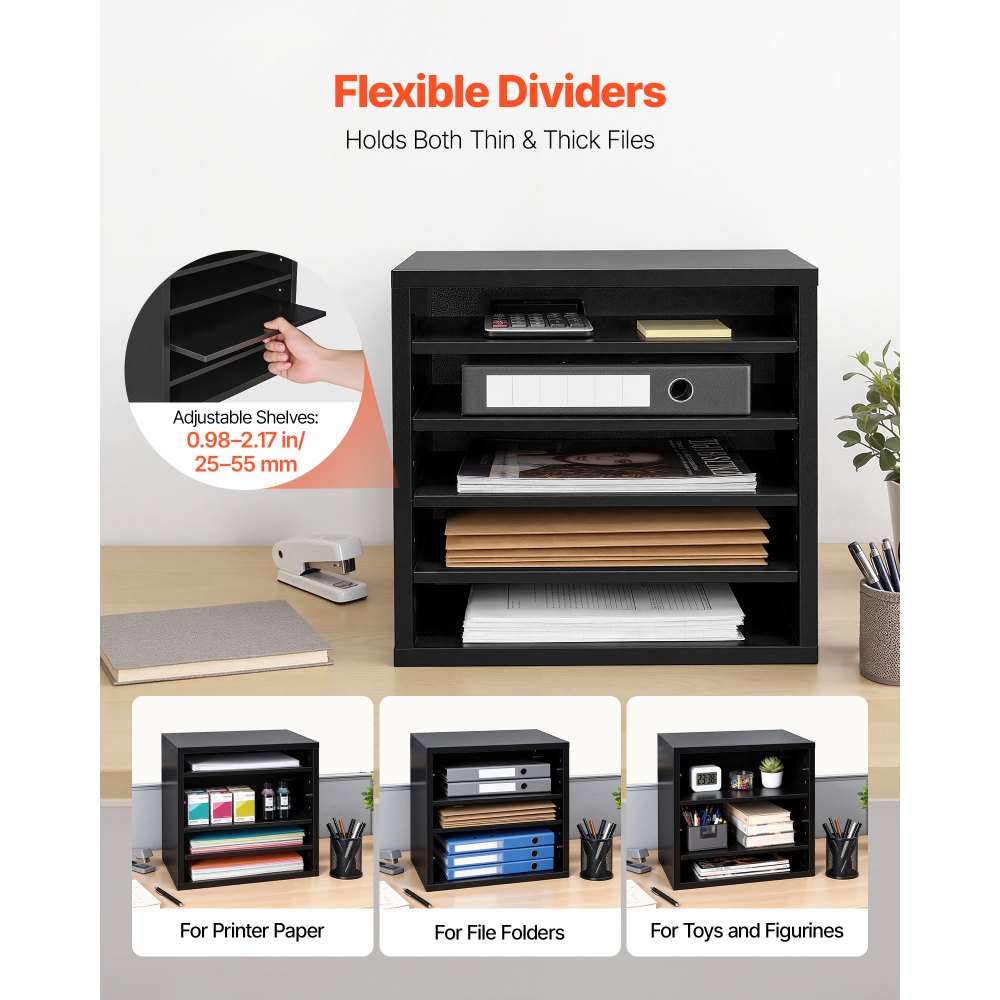 VEVOR Literature Organizer, 5 Compartments Office Mailbox with Adjustable Shelves, Wooden Mailbox Sorter with MDF, Countertop Office Home Classroom Storage Organizer for File, Document, Paper, Black
