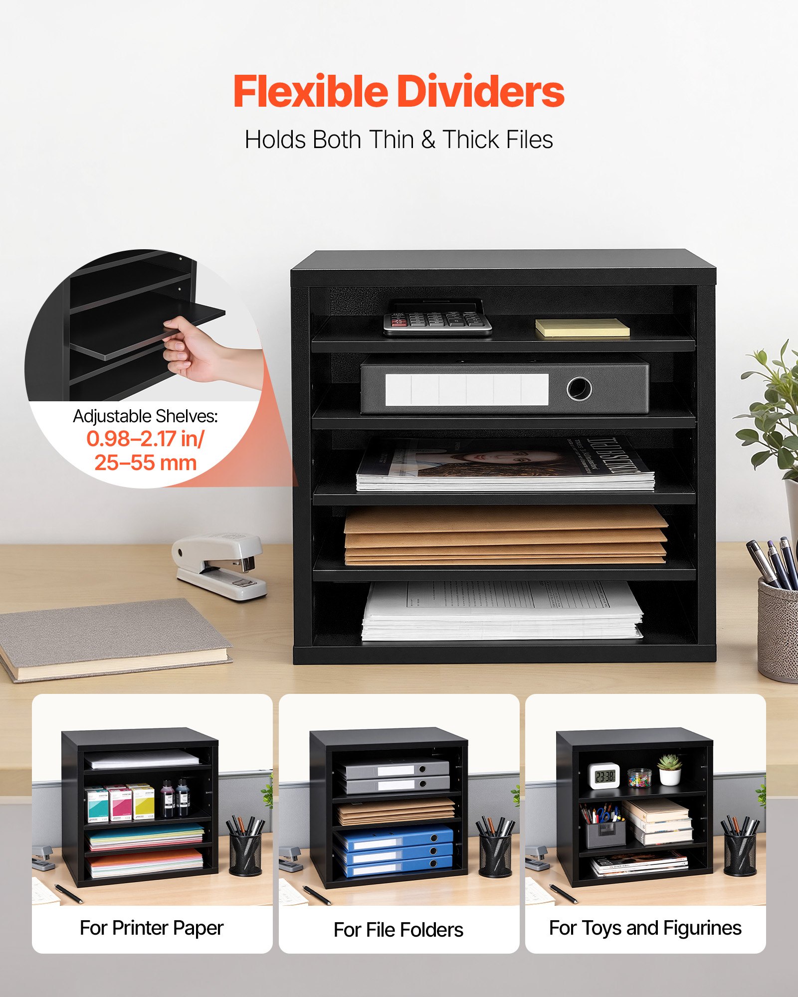 VEVOR Literature Organizer, 5 Compartments Office Mailbox with Adjustable Shelves, Wooden Mailbox Sorter with MDF, Countertop Office Home Classroom Storage Organizer for File, Document, Paper, Black