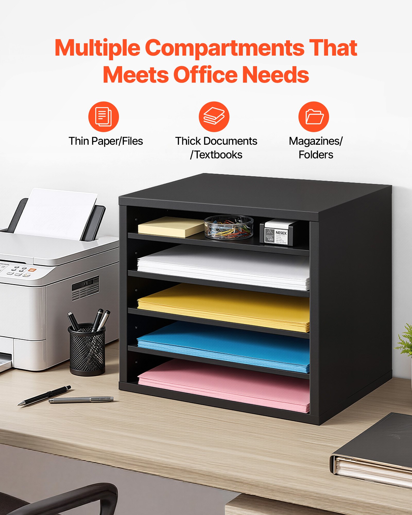 VEVOR Literature Organizer, 5 Compartments Office Mailbox with Adjustable Shelves, Wooden Mailbox Sorter with MDF, Countertop Office Home Classroom Storage Organizer for File, Document, Paper, Black