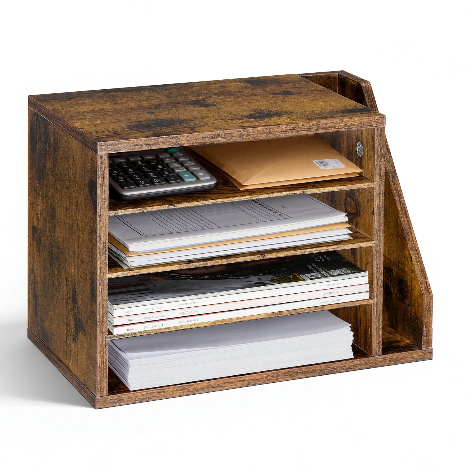VEVOR Literature Organizer, 4 Compartments Office Mailbox with Detachable Shelves, Wooden Mailbox Sorter with Side Vertical Storage, Countertop Office Home Organizer for File, Document, Paper, Brown