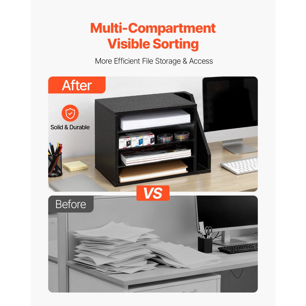 VEVOR Literature Organizer, 4 Compartments Office Mailbox with Detachable Shelves, Wooden Mailbox Sorter with Side Vertical Storage, Countertop Office Home Organizer for File, Document, Paper, Black