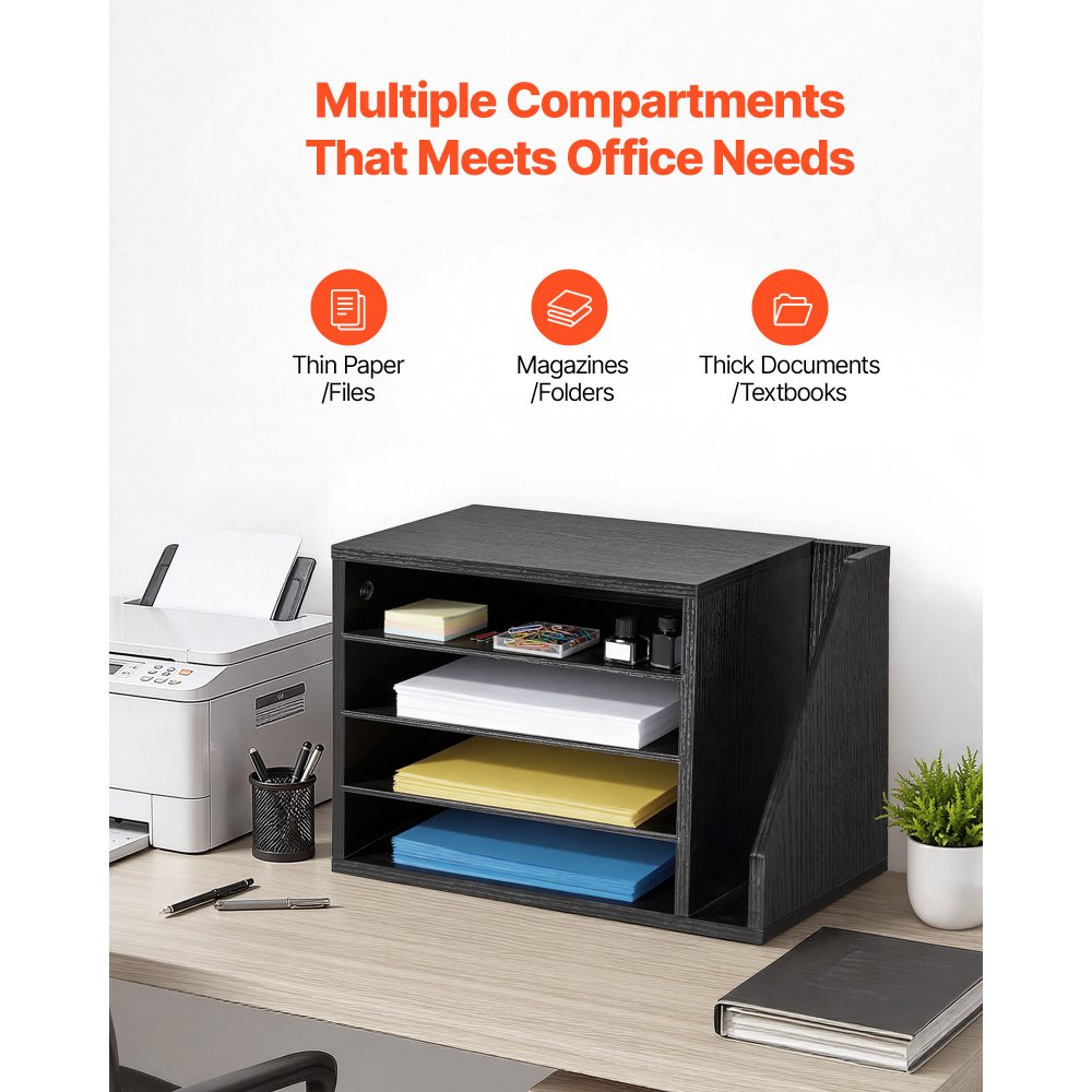 VEVOR Literature Organizer, 4 Compartments Office Mailbox with Detachable Shelves, Wooden Mailbox Sorter with Side Vertical Storage, Countertop Office Home Organizer for File, Document, Paper, Black