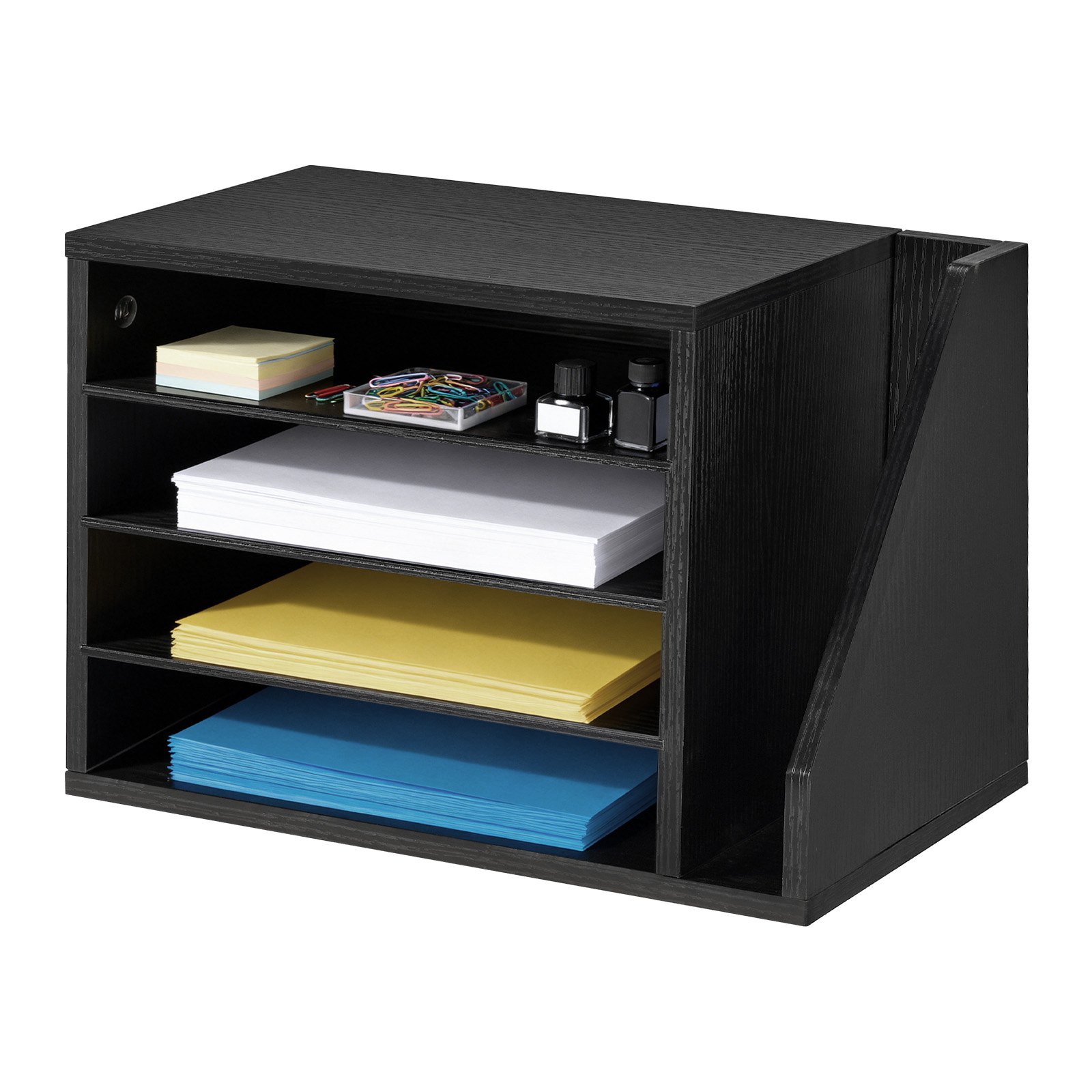 VEVOR Literature Organizer, 4 Compartments Office Mailbox with Detachable Shelves, Wooden Mailbox Sorter with Side Vertical Storage, Countertop Office Home Organizer for File, Document, Paper, Black