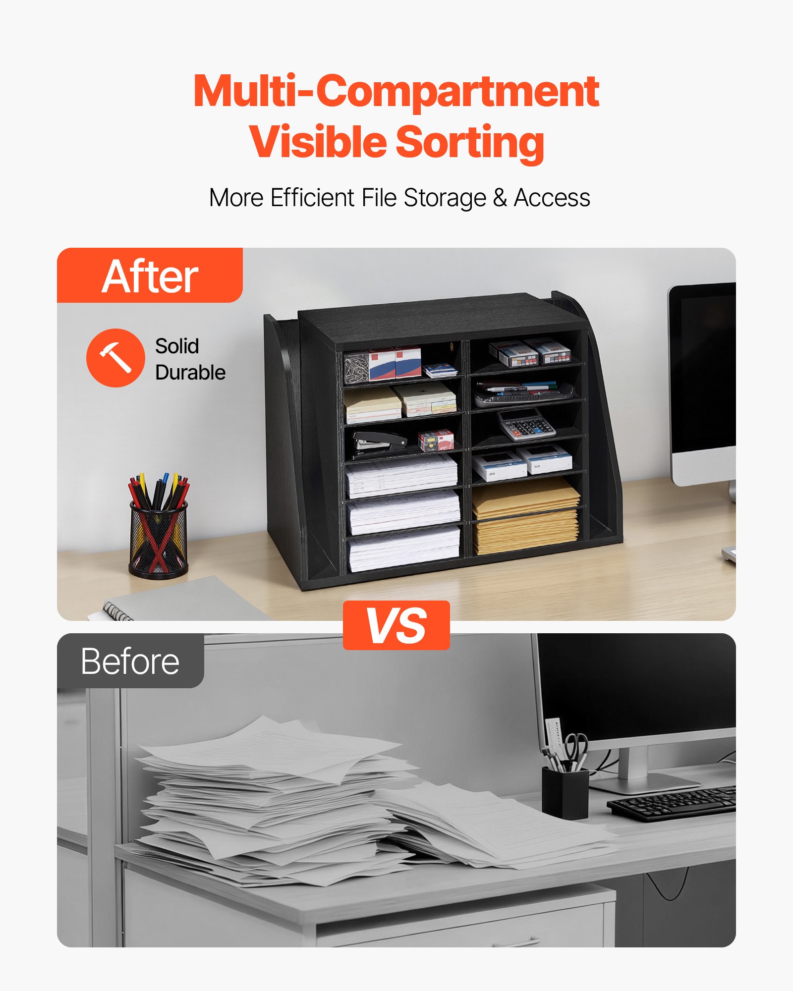 VEVOR Briefablage mit 12 Fächern & Stehsammle, Dokumentenablage aus Spanplatten, Aktenhalter für Büro Klassenzimmer, Literaturorganizer für Akten Dokumenten Papier, Schreibtisch Organizer Schwarz