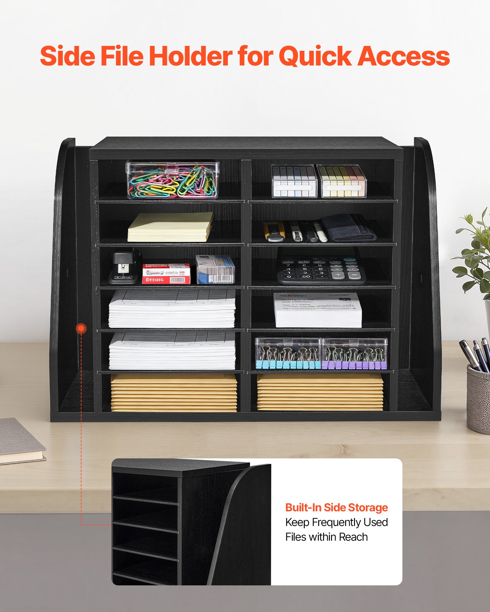 VEVOR Briefablage mit 12 Fächern & Stehsammle, Dokumentenablage aus Spanplatten, Aktenhalter für Büro Klassenzimmer, Literaturorganizer für Akten Dokumenten Papier, Schreibtisch Organizer Schwarz