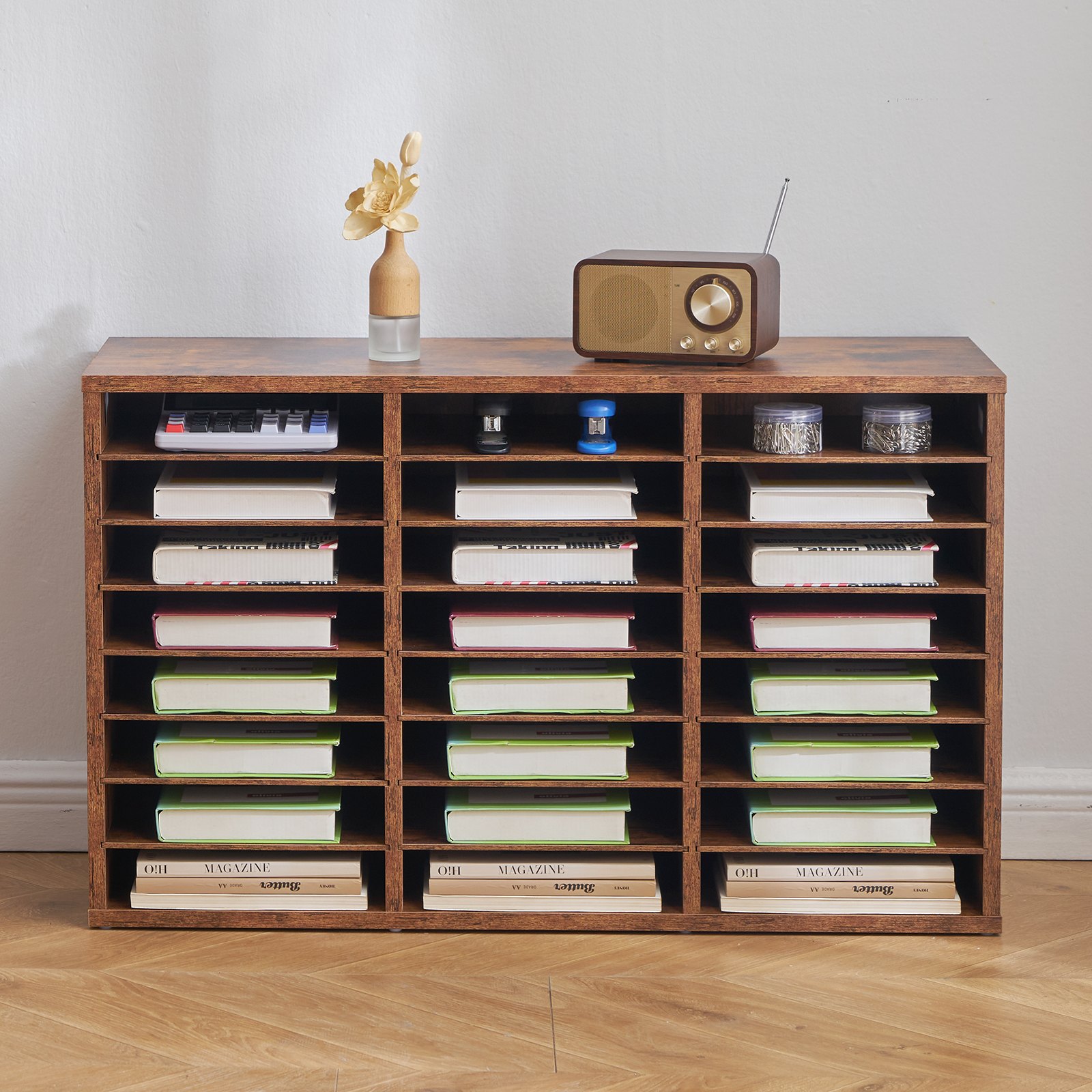 VEVOR Literatur-Organizer Dokumentenablage mit 24 Fächern & herausnehmbaren Regalen, Aktensortierer Briefablage Dokumentenlager aus Holz, Spanplatte, Aufbewahrung für Büro Klassenzimmer Dunkelbraun