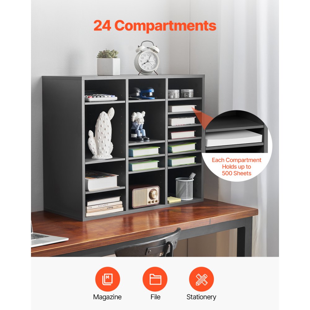 VEVOR Literature Organizer Document Tray with 24 Compartments & Adjustable Shelves, File Sorter Letter Tray Document Storage Made of Chipboard and MDF, Storage for Office Classroom Gray