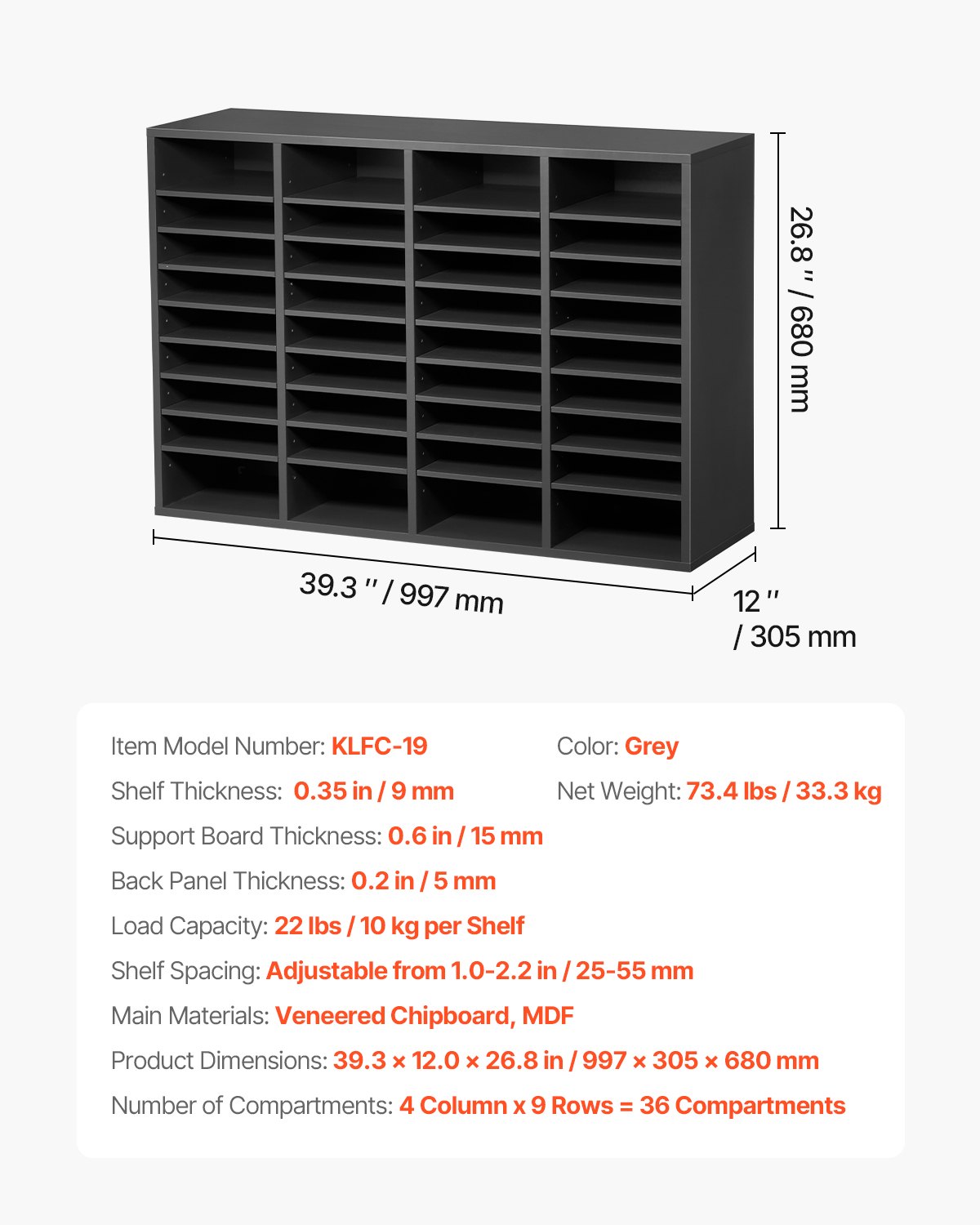 VEVOR Literature Organizer Document Tray with 36 Compartments & Adjustable Shelves, File Sorter Letter Tray Document Storage Made of Medium Density Fiberboard, Storage for Office Classroom Gray