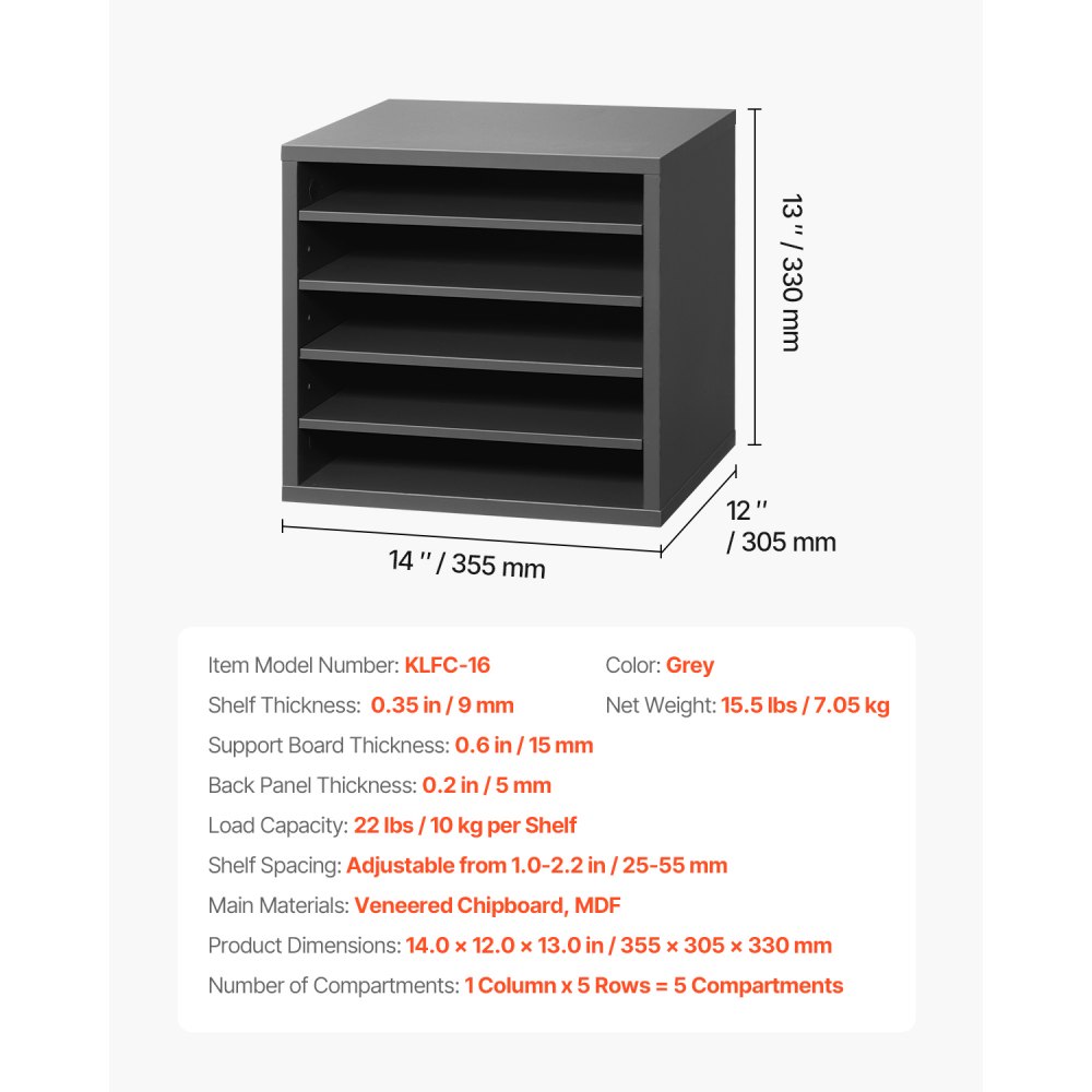 VEVOR Literature Organizer Document Tray with 5 Compartments & Adjustable Shelves, File Sorter Letter Tray Document Storage Made of Chipboard and MDF, Storage for Office Classroom Gray