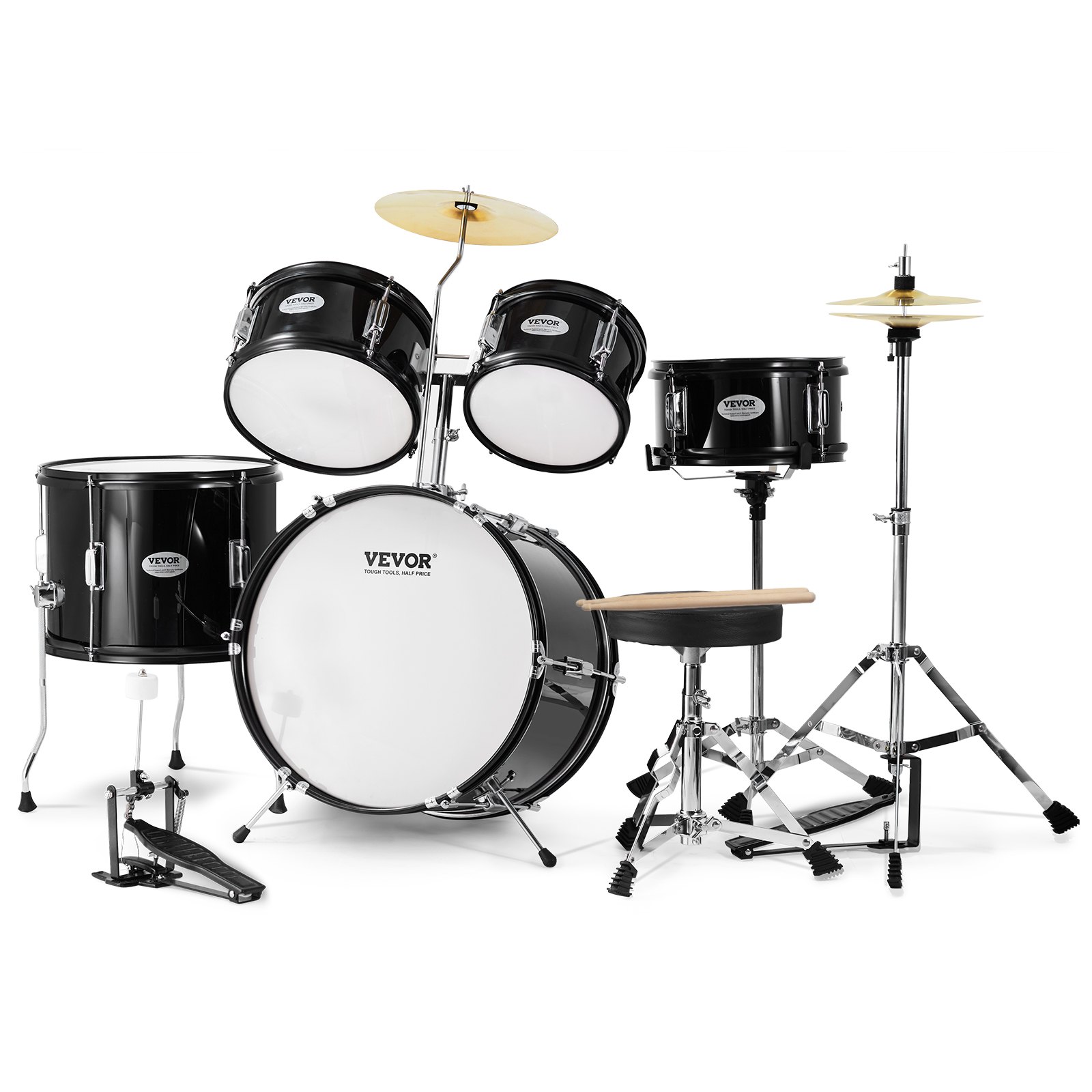 VEVOR 5-Piece Drum Set for Children, Beginner Drum Set with Bass Toms, Snare Drum, Floor Drum, Adjustable Throne Cymbal, Hi-Hat Pedal and Two Pairs of Drumsticks, for Children, Black