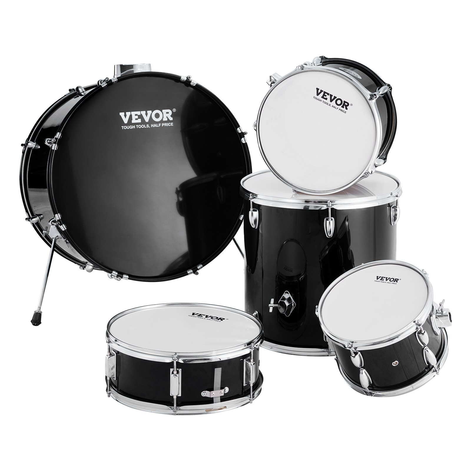 VEVOR Schlagzeug, 5-teilig, Drum in voller Größe mit Bass-Toms, Snare, Standtrommel, verstellbaren Thronständern, Becken, Hi-Hat-Pedal und Drumsticks, Anfänger-Schlagzeug für Erwachsene, schwarz