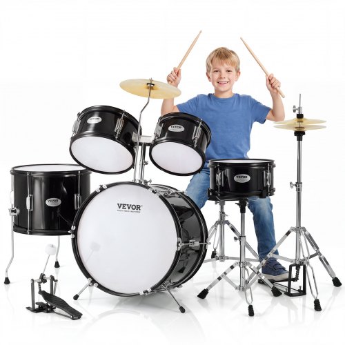VEVOR Schlagzeug, 5-teilig, Drum in voller Größe mit Bass-/Tom-Drums, Snare, Standtrommel, verstellbaren Thronständern, Becken, Hi-Hat-Pedal und Drumsticks, Anfänger-Schlagzeug, Silber