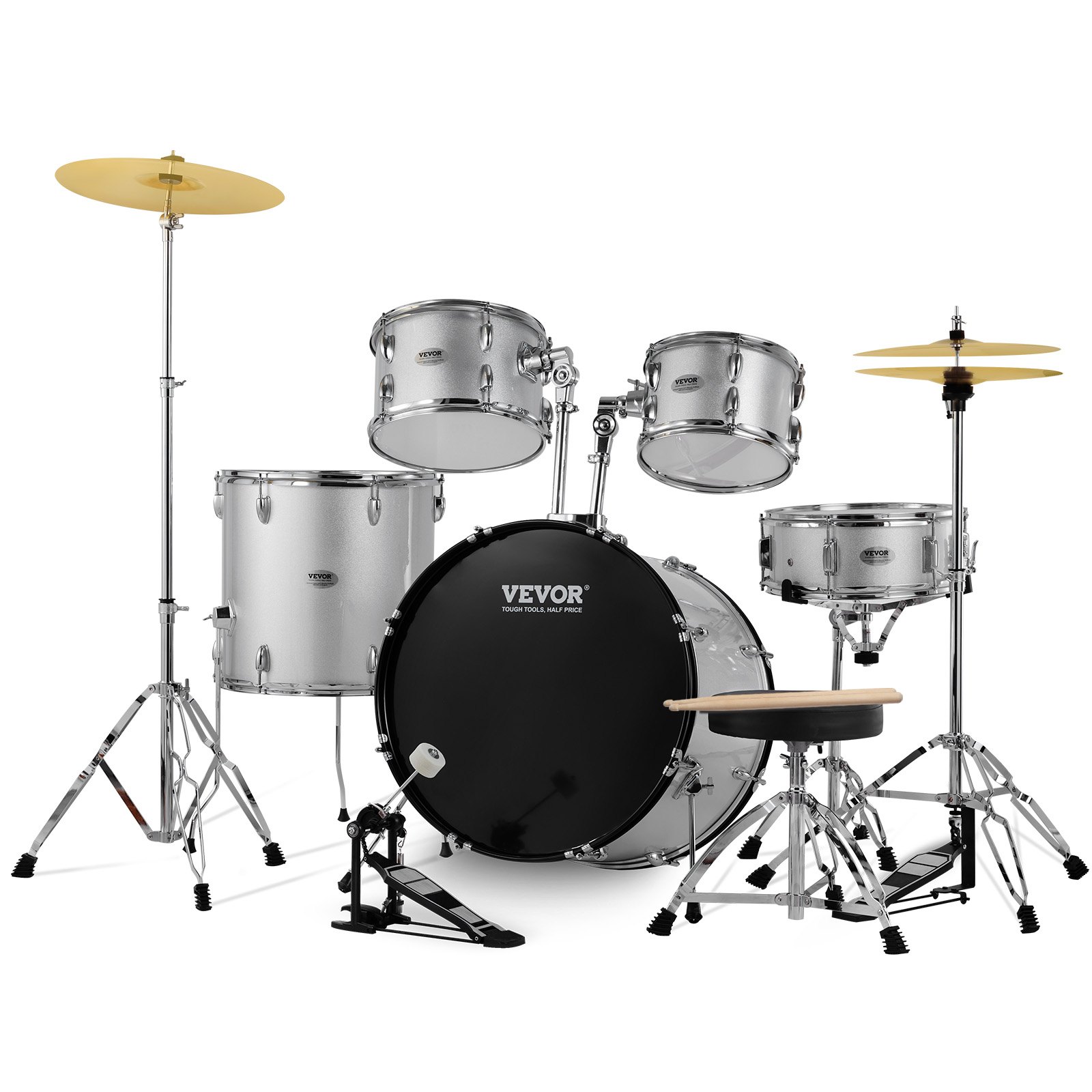 VEVOR Schlagzeug, 5-teilig, Drum in voller Größe mit Bass-/Tom-Drums, Snare, Standtrommel, verstellbaren Thronständern, Becken, Hi-Hat-Pedal und Drumsticks, Anfänger-Schlagzeug, Silber