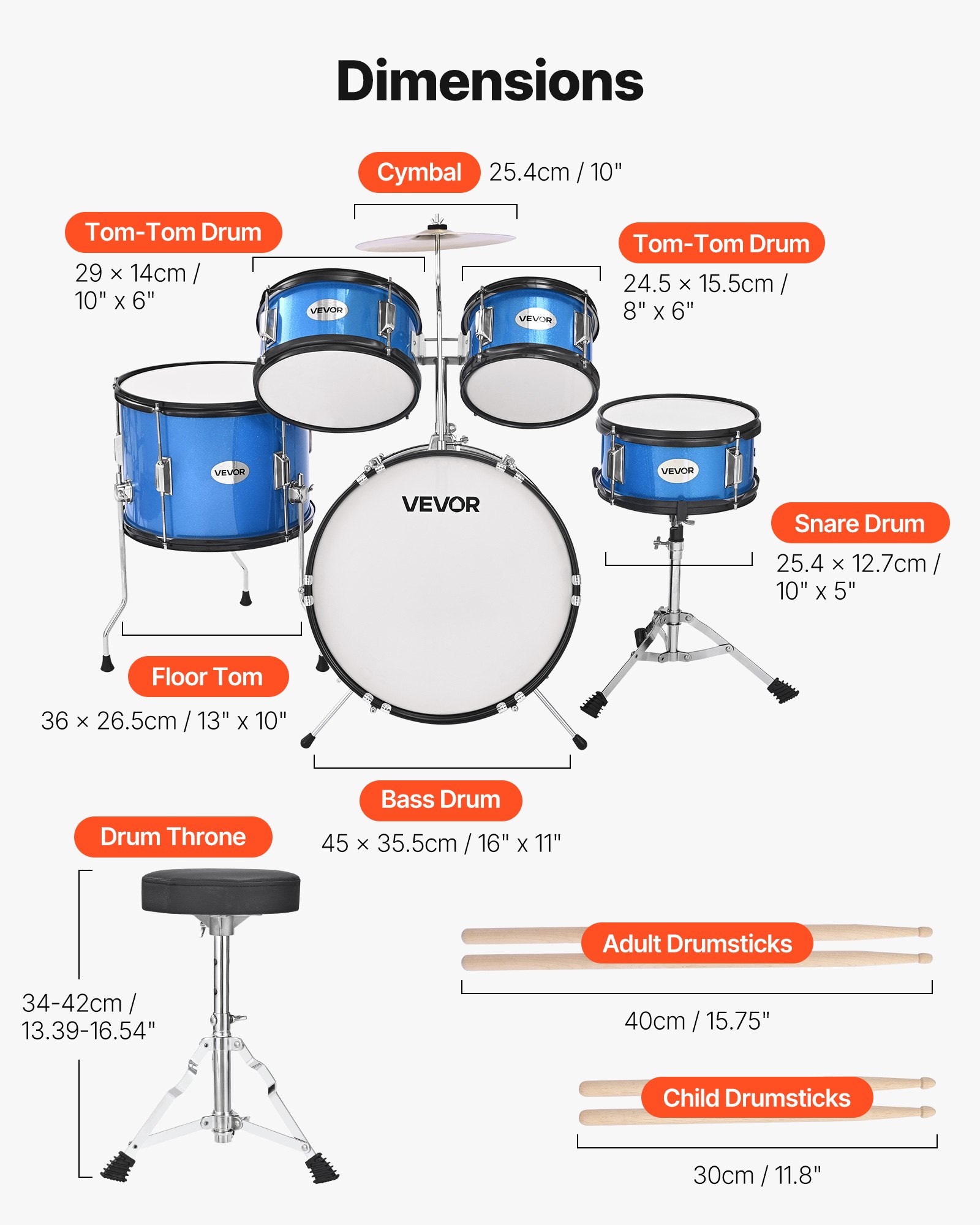 VEVOR Schlagzeug Set, 5-teilig, inkl. 40,6 cm Basstrommel, 25,4 cm Snare, 20,3 cm & 25,4 cm Tomtoms, 33 cm Standtom, 25,4 cm Crash-Becken & 20,3 cm Hi-Hat, für Kinder von 6–13 Jahren, Blau