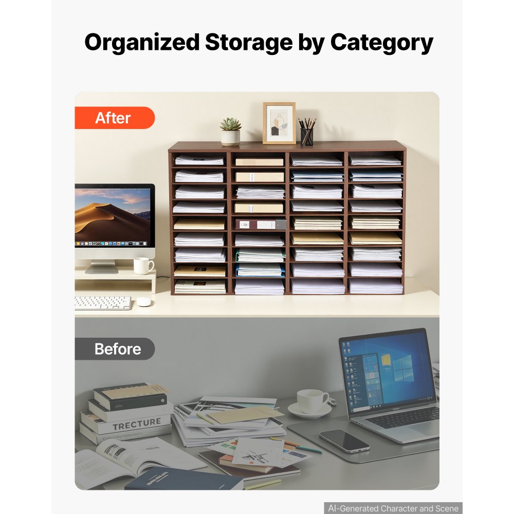 VEVOR Dokumentenablage Holz Schreibtisch Organizer mit 36 Fächern Braun, Ablagefach für Standard-A4-Dokumente Akten & Papiere, mit Verstellbaren Einlegböden für Büro, Zuhause & Klassenzimmer, MDF