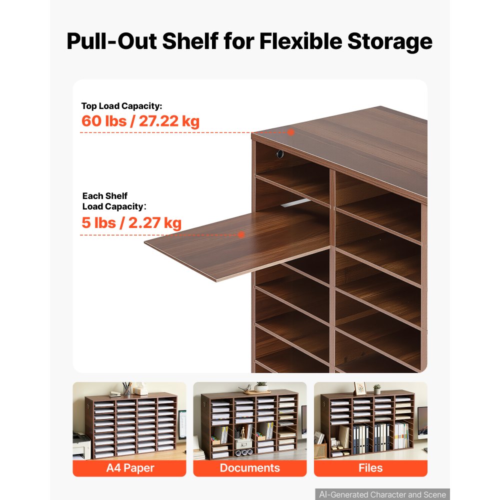 VEVOR Dokumentenablage Holz Schreibtisch Organizer mit 36 Fächern Braun, Ablagefach für Standard-A4-Dokumente Akten & Papiere, mit Verstellbaren Einlegböden für Büro, Zuhause & Klassenzimmer, MDF