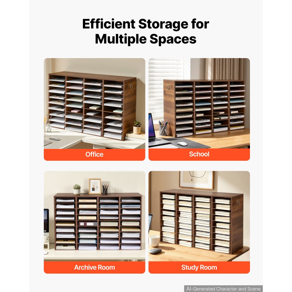 VEVOR Dokumentenablage Holz Schreibtisch Organizer mit 36 Fächern Braun, Ablagefach für Standard-A4-Dokumente Akten & Papiere, mit Verstellbaren Einlegböden für Büro, Zuhause & Klassenzimmer, MDF